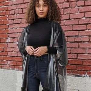 Sheer Metallic Tassel Kimono OS Black & Silver Sheen